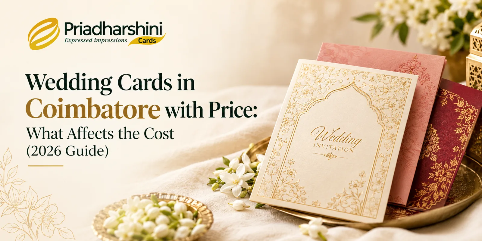 Assorted wedding invitation cards with different finishes laid out on a table