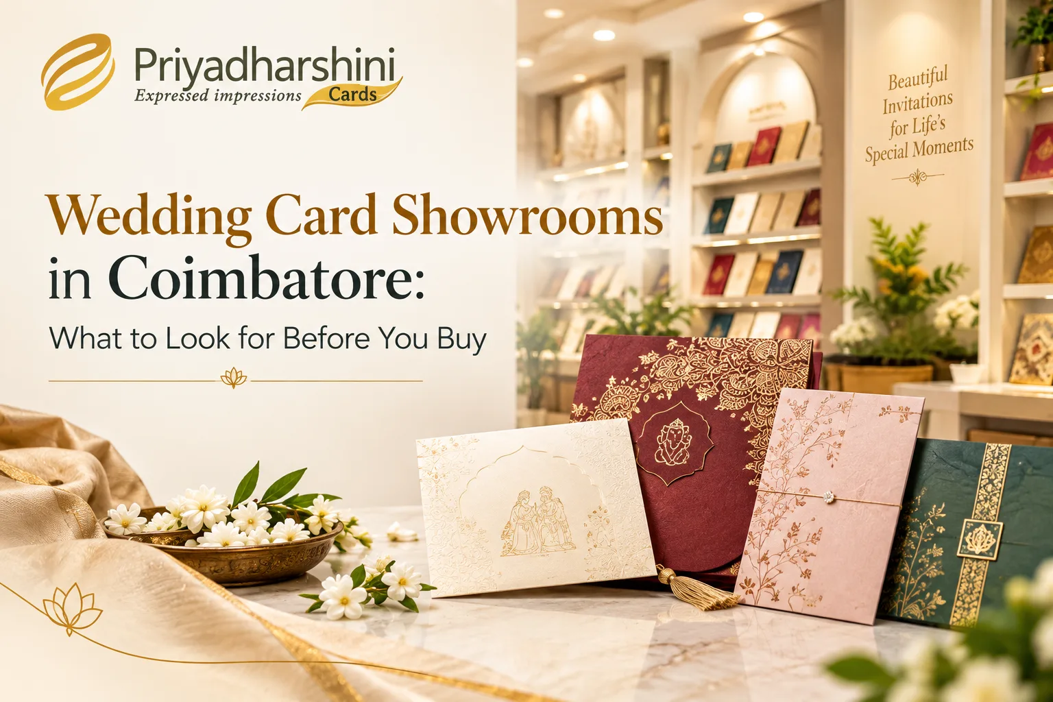 Rows of wedding invitation card samples displayed inside a Coimbatore showroom